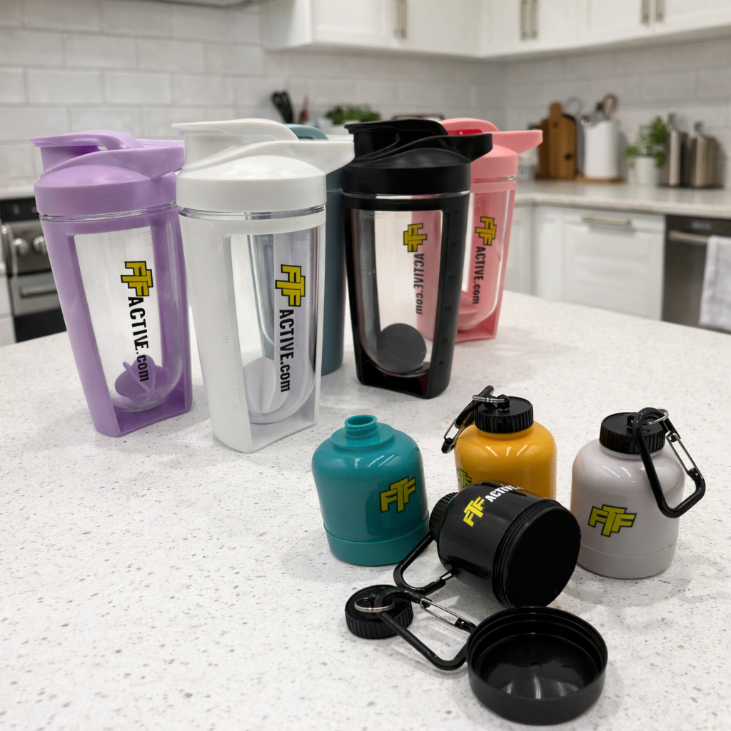 FTF Active 500ml shaker bottles and Protein supplement funnel containers in multiple colours